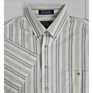 John Ashford Men's M Green Striped Wrinkle Free Oxford Short Sleeve Button‎ Down